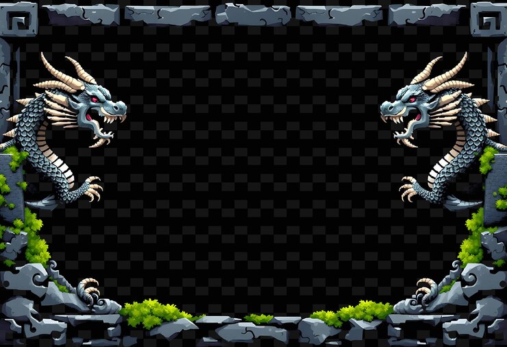 PSD pixel sculpted stone dragon border frame i draghi di pietra emergono da ogni co png chinese frame styler