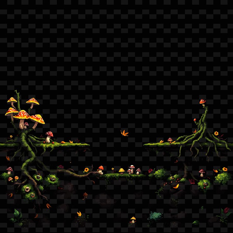 PSD pixel setas raíces de árboles caídas hojas líquenes pixel suelo con setas creciendo i juego activo