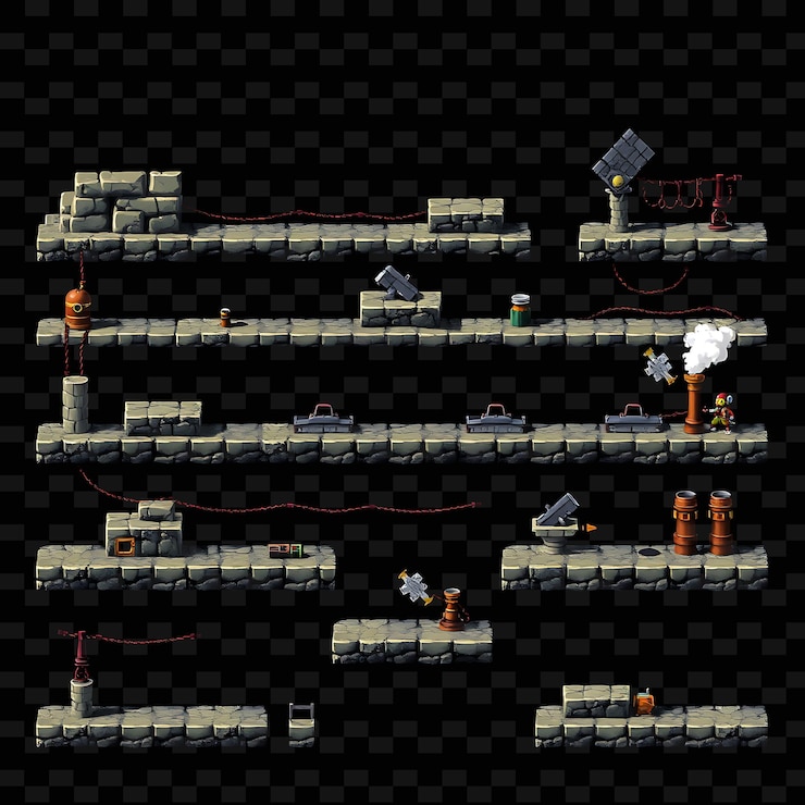 PSD pixel slabs slabs di pietra barre di ferro fili di rame spassi di vapore slabs pesanti di pietra che formano un s game asseto