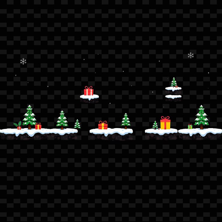 PSD pixel snowflakes cajas de regalos pinos trenes de trineo las hojas de nieve caen suavemente en el activo del juego
