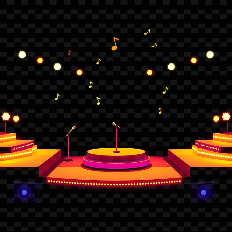 PSD pixel stage musical notes microfones alto-falantes um cenário com luzes brilhantes musica game assetl