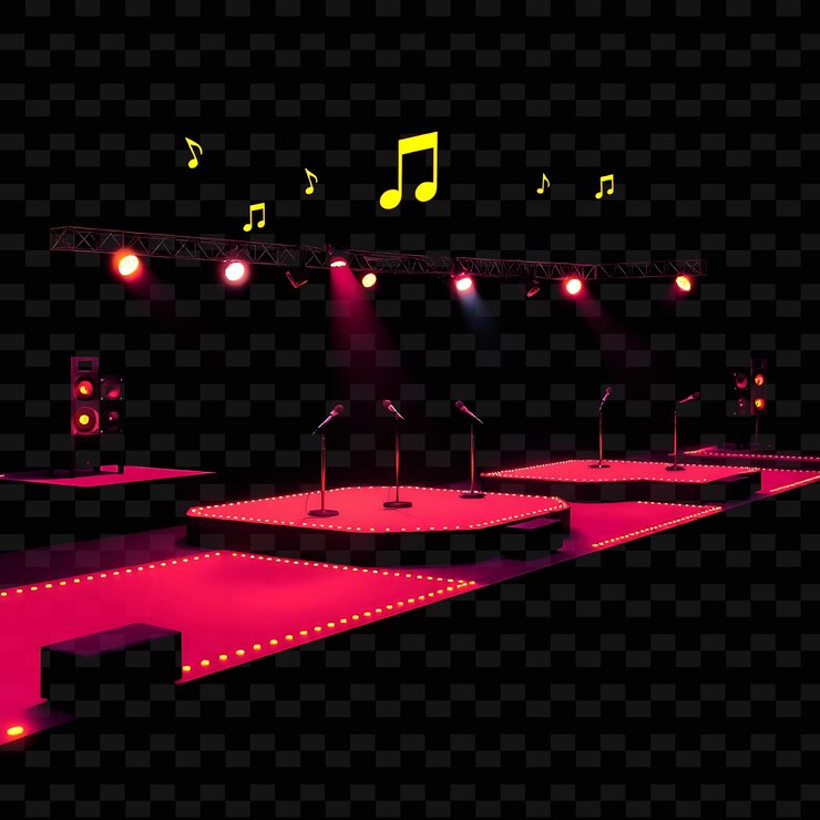 PSD pixel stage musical notes microfones alto-falantes um cenário com luzes brilhantes musica game assetl