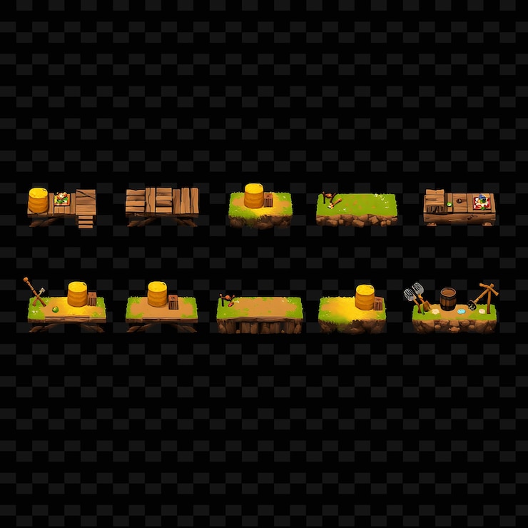 PSD pixel tablas de madera balas de heno barriles de herramientas tablas de piedra que forman caminos improvisados activo del juego de heno