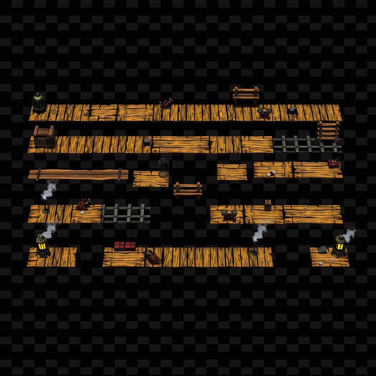PSD pixel tablas de madera rails de hierro ventiladores de vapor linternas envejecidas tablas de leña railes de hierro gui juego assetd