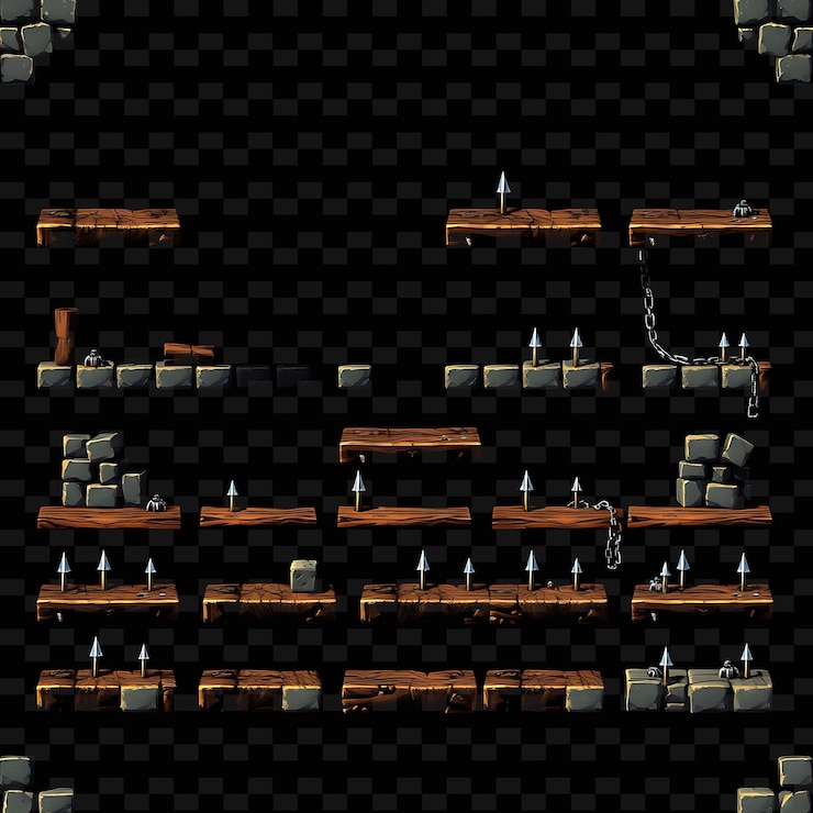 PSD pixel vigas de madera bloques de piedra picos de metal cadenas vigas de madeira gruesas con accesorio de juego g visible