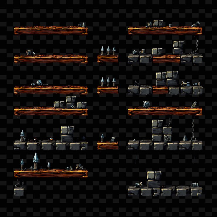 PSD pixel vigas de madera bloques de piedra picos de metal cadenas vigas de madeira gruesas con accesorio de juego g visible