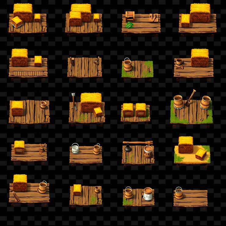 PSD pixel wooden planks hay bales buckets tools wooden planks laid out as a pathway hay b game asseta