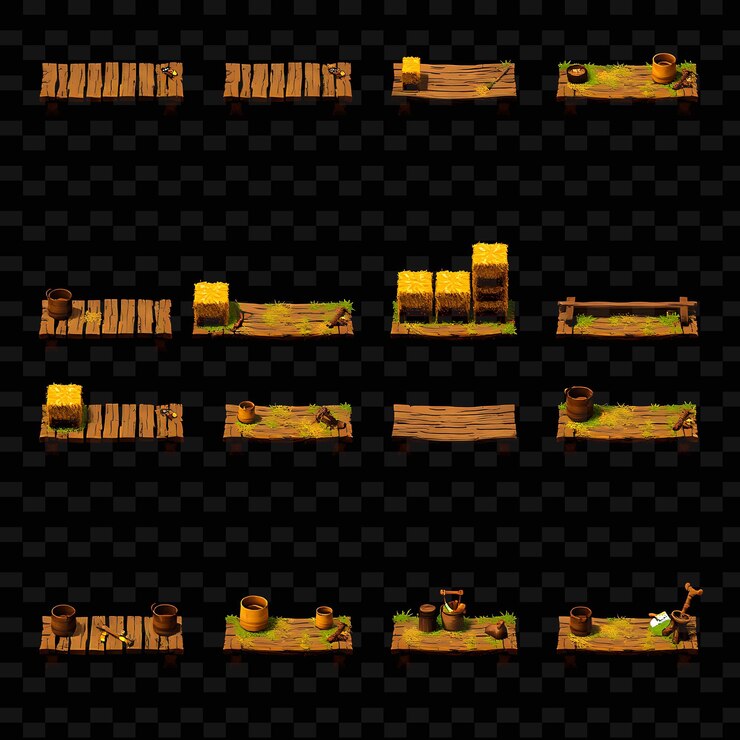 PSD pixel wooden planks hay bales buckets tools wooden planks laid out as a pathway hay b game asseta