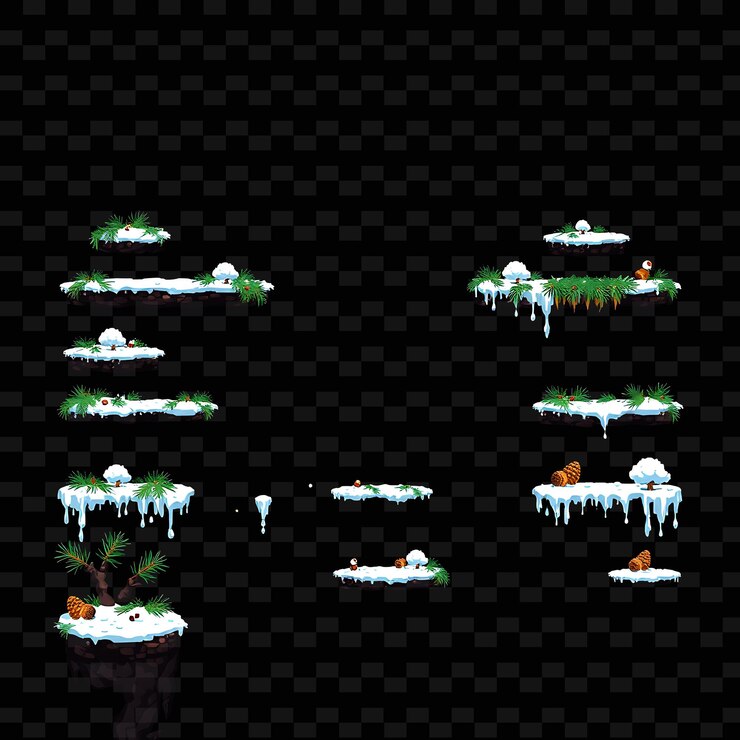 PSD pixels agujas de pino hielos de nieve conos de pino pixel suelo con agujas de pinos que cubren el activo del juego