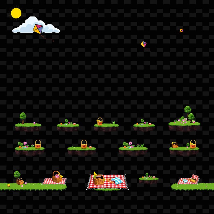 PSD pixels kites picnic baskets checkered blankets sunny sky kites flying high picknic bask jogo de acesso