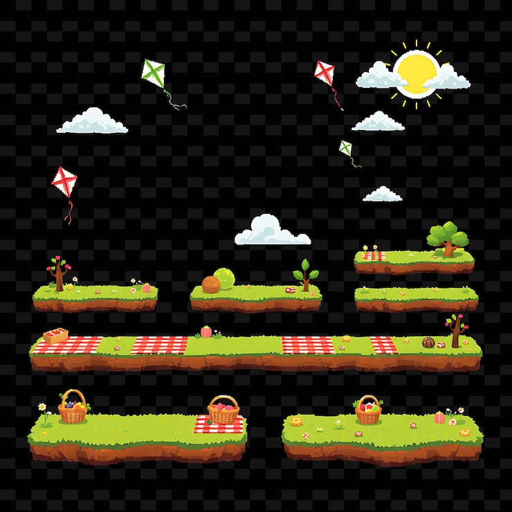 PSD pixels kites picnic baskets checkered blankets sunny sky kites flying high picknic bask jogo de acesso