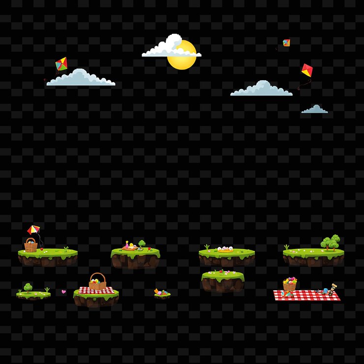 PSD pixels kites picnic baskets checkered blankets sunny sky kites flying high picknic bask jogo de acesso