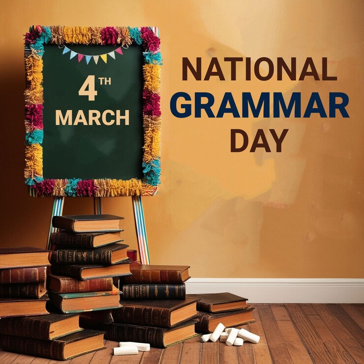 PSD una pizarra con el día nacional de la gramática escrita en tiza rodeada de libros y una pluma
