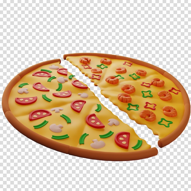 PSD pizza 3d de dos mitades con diferentes gustos con champiñones y camarones renderizado 3d