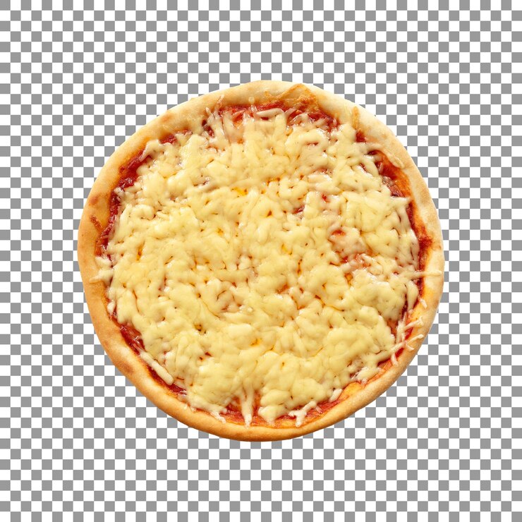 PSD pizza al formaggio appena sfornata vista dall'alto isolata su sfondo trasparente