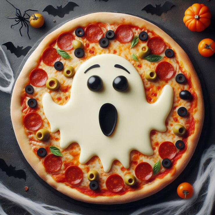 una pizza con una cara y un fantasma en la mesa
