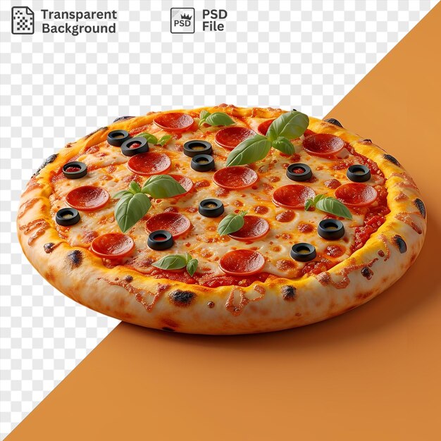Pizza casera transparente cubierta con aceitunas negras y hojas verdes sobre un fondo naranja