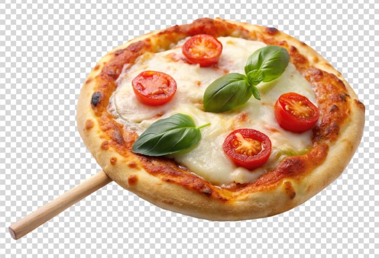 pizza con pomodori e basilico su un bastone di legno