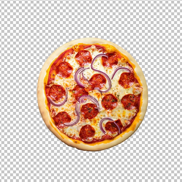pizza de calabresa com queijo muçarela e cebola roxa em fundo branco png transparente