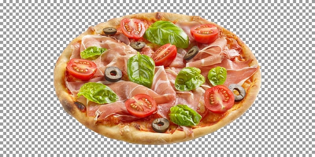 Pizza de carne recém-assada isolada em fundo transparente