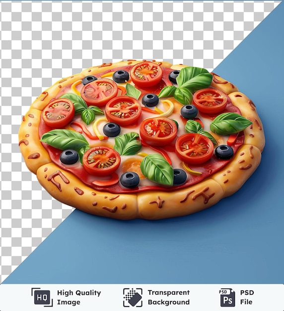 PSD pizza de vegetais psd transparente de alta qualidade coberta com tomates vermelhos cortados, mirtilos pretos e folhas verdes em uma mesa azul