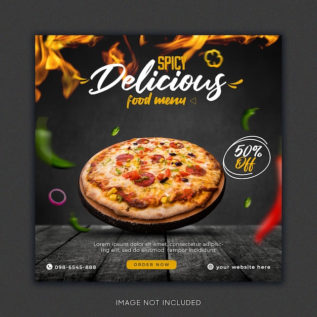 Pizza deliciosa e menu de comida e modelo de banner de mídia social de restaurante