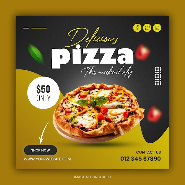 Pizza deliciosa e modelo de banner de mídia social para menu de comida