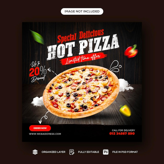 Pizza deliciosa e modelo de banner de mídia social para menu de comida