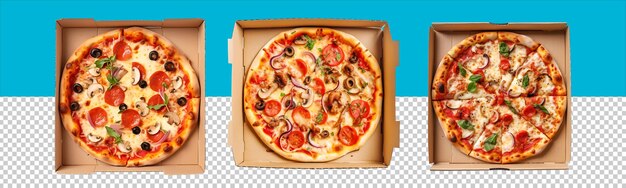 Pizza deliciosa en la vista superior de la caja de papel con fondo transparente Tecnología de IA generativa