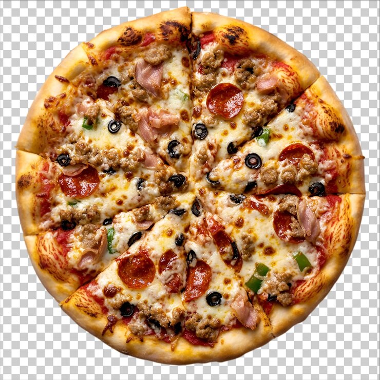 PSD una pizza con diferentes ingredientes en un fondo blanco y transparente con recorte png