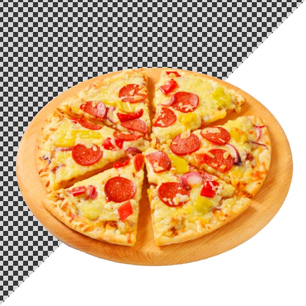 une pizza avec du pepperoni et de l'ananas sur une plaque en bois