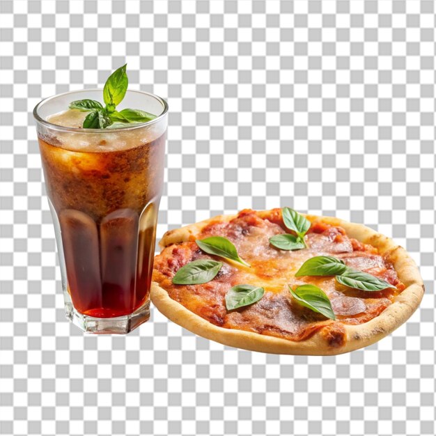 Pizza e chá gelado com fundo transparente