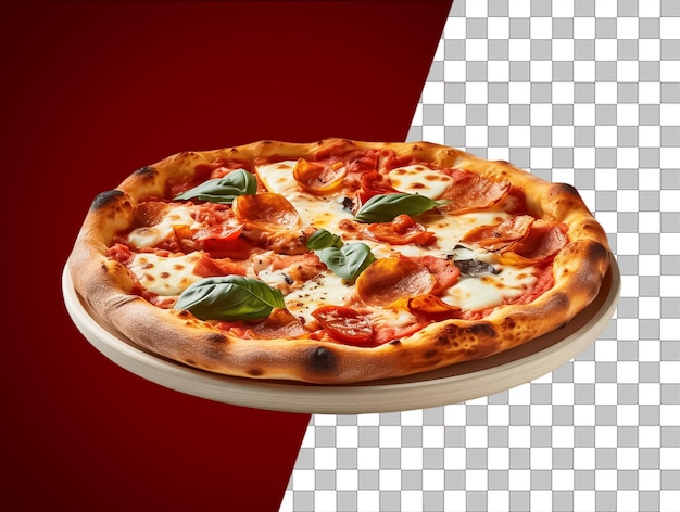 Une pizza avec un fond rouge et transparent et une assiette blanche avec une pizza dessus