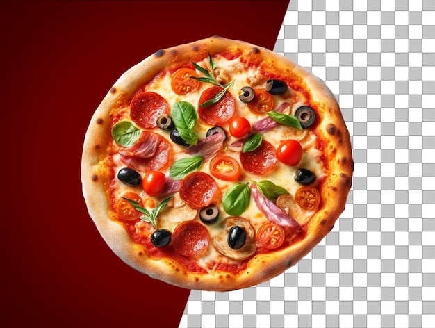 Una pizza con un fondo rojo y transparente y una hoja verde encima