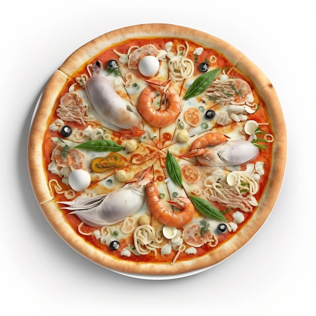 Una pizza con gambas y otros mariscos.