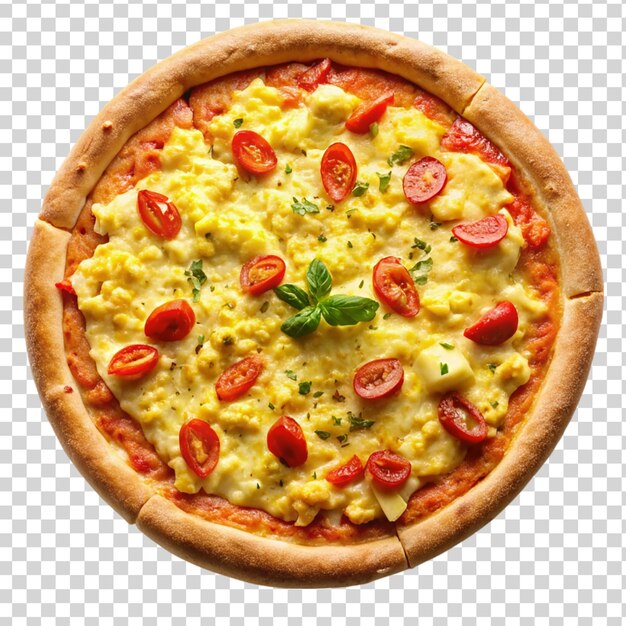 Pizza con huevos revueltos aislados sobre un fondo transparente