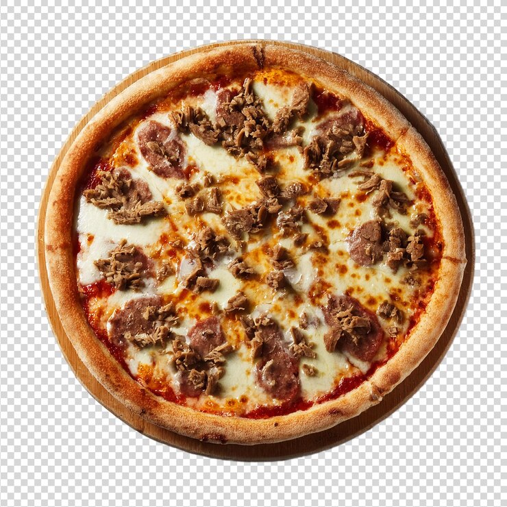 Pizza italiana de lujo con queso y salchichas sobre un fondo transparente