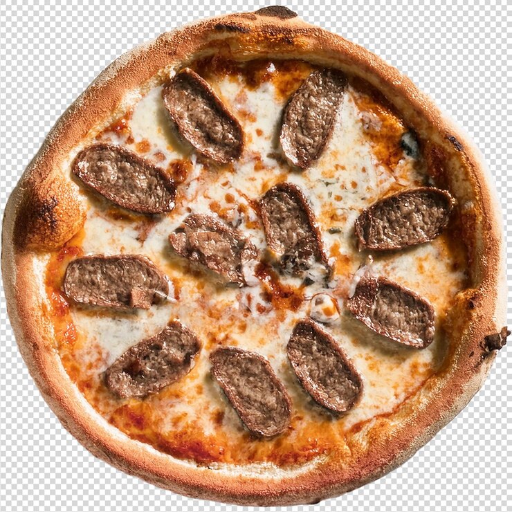 Pizza italiana de lujo con queso y salchichas sobre un fondo transparente