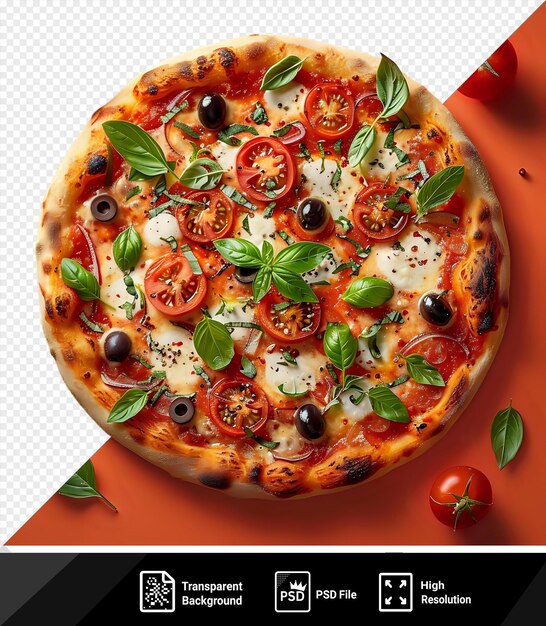 Pizza Italienne Avec Du Fromage Mozzarella Fondu, Des Olives Vertes Et Des Tomates Garnies De Légumes Frais Et De Feuilles De Basilic Sur Une Table Orange