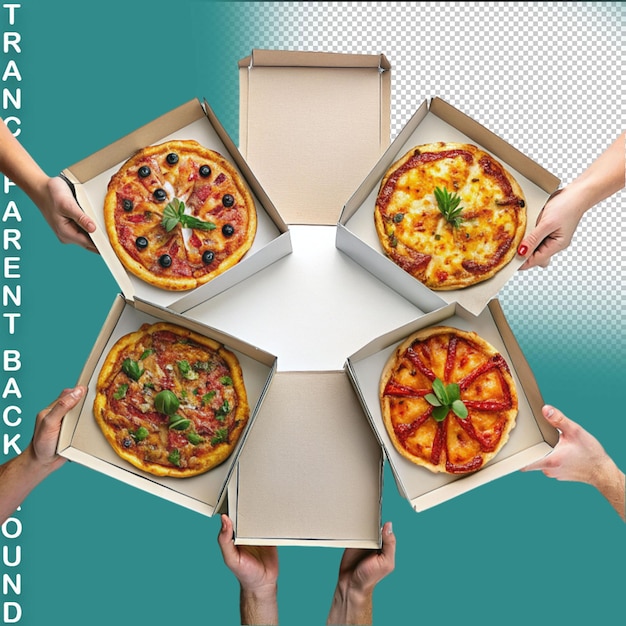 PSD pizza mit pilzen, käse und schinken in einer kartonbox, isoliert auf durchsichtigem hintergrund