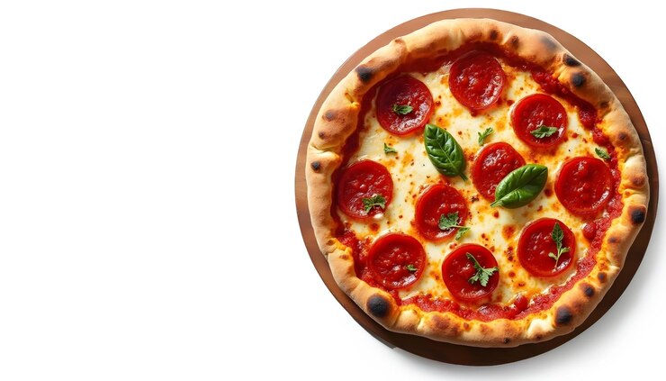PSD una pizza con pepperoni y albahaca en ella se sienta en una mesa