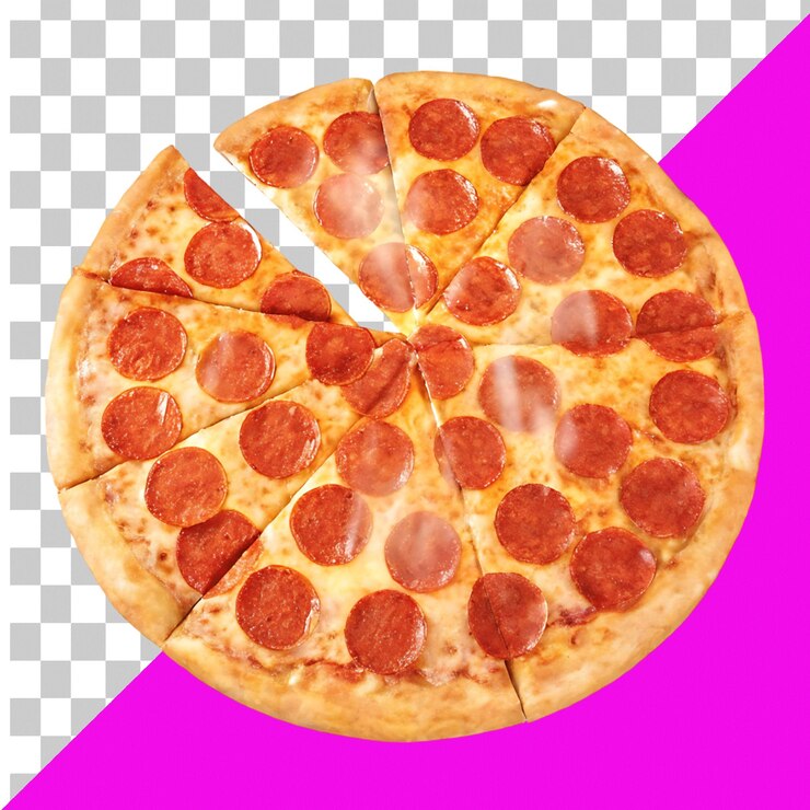 PSD pizza de pepperoni caliente en rebanadas lista para comer aislada sobre un fondo transparente
