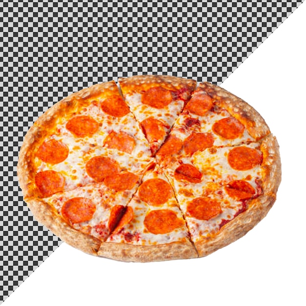una pizza con pepperoni en ella se sienta en un paño de mesa a cuadros