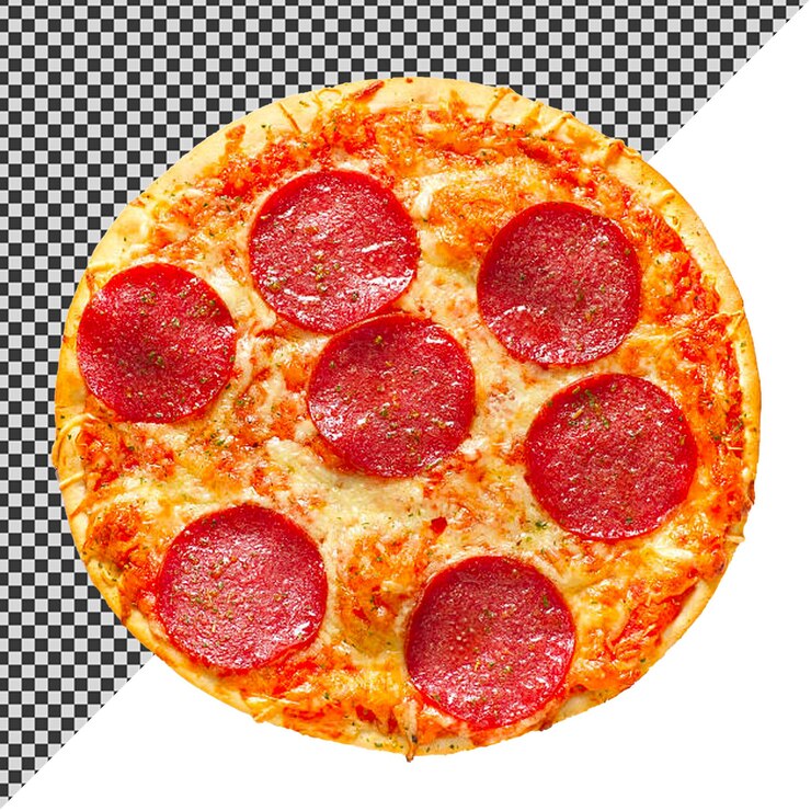 PSD una pizza con pepperoni y queso está sentada en un paño de mesa a cuadros