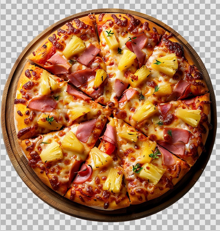 PSD pizza con piña en un fondo transparente aislado
