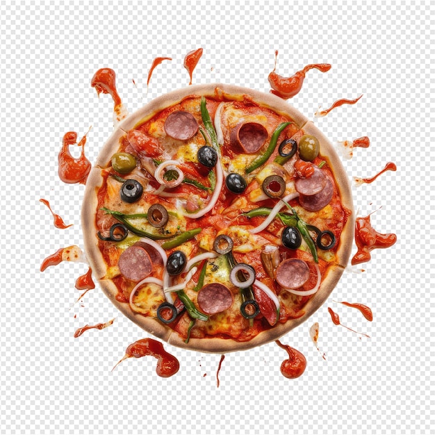 una pizza con una pizza y una rebanada de aceitunas en la parte inferior