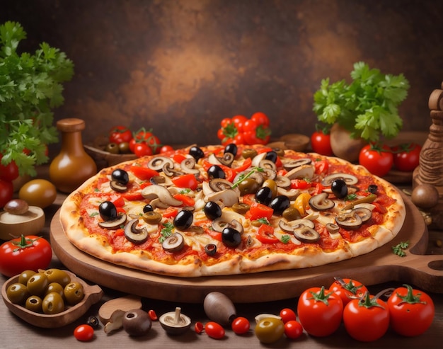 PSD pizza poulet tomate poivre olives champignons avec un bel arrière-plan