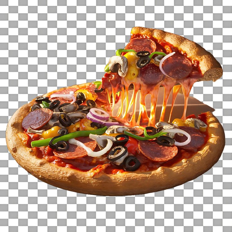 PSD pizza con queso mozzarella salsa de tomate picante aislada sobre un fondo transparente