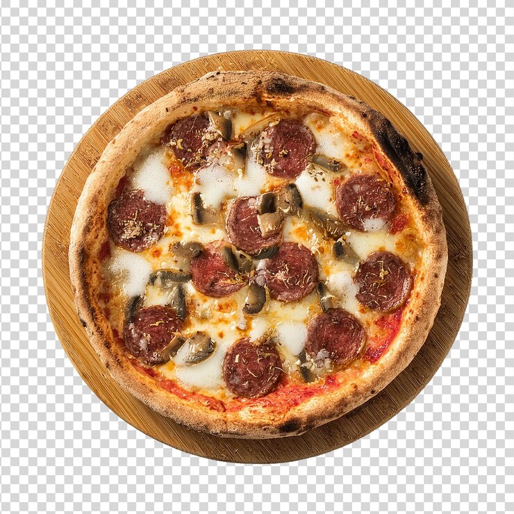 Pizza con queso pepperoni comida italiana en un fondo transparente