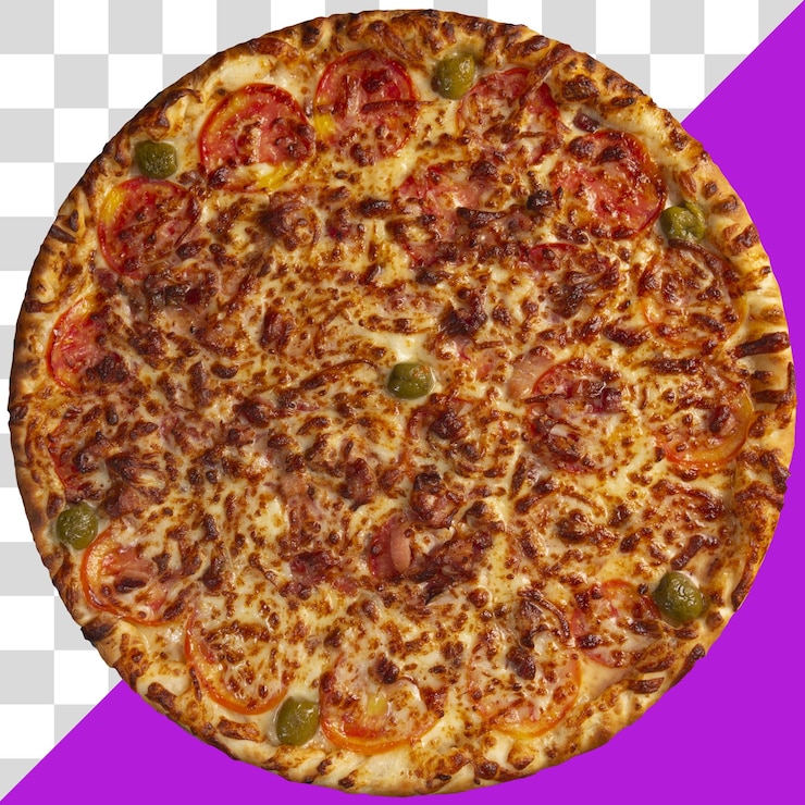 PSD pizza real redonda sobre fondo transparente
